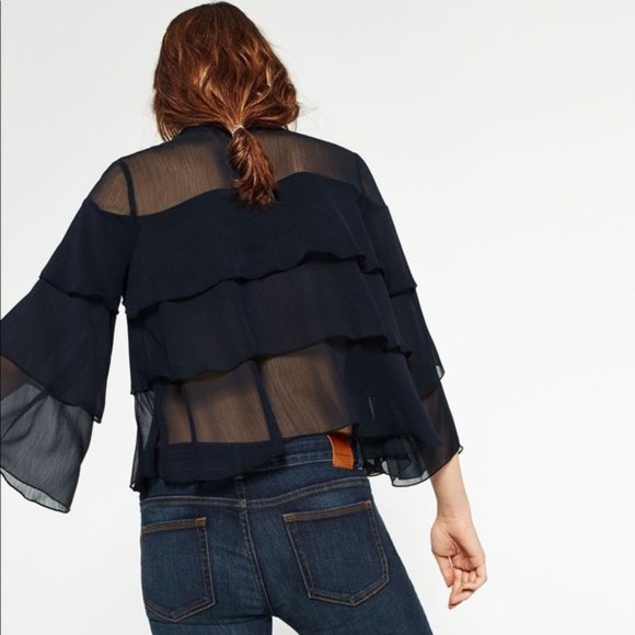 Zara Navy Tiered Sheer Ruffle Blouse, XS - Picture 10 of 16